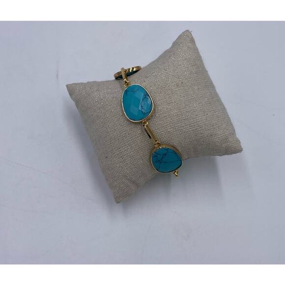 Anthropologie Serefina Gold Tone Faux Bezel Set Turquoise Blue bracelet new - Picture 1 of 6